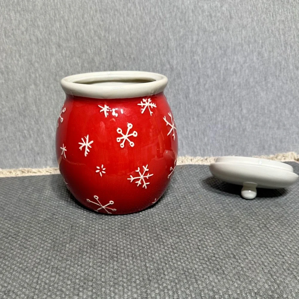 Hallmark Snowman Merry Days Red Ceramic Holiday Cookie Jar Snowflake Christmas